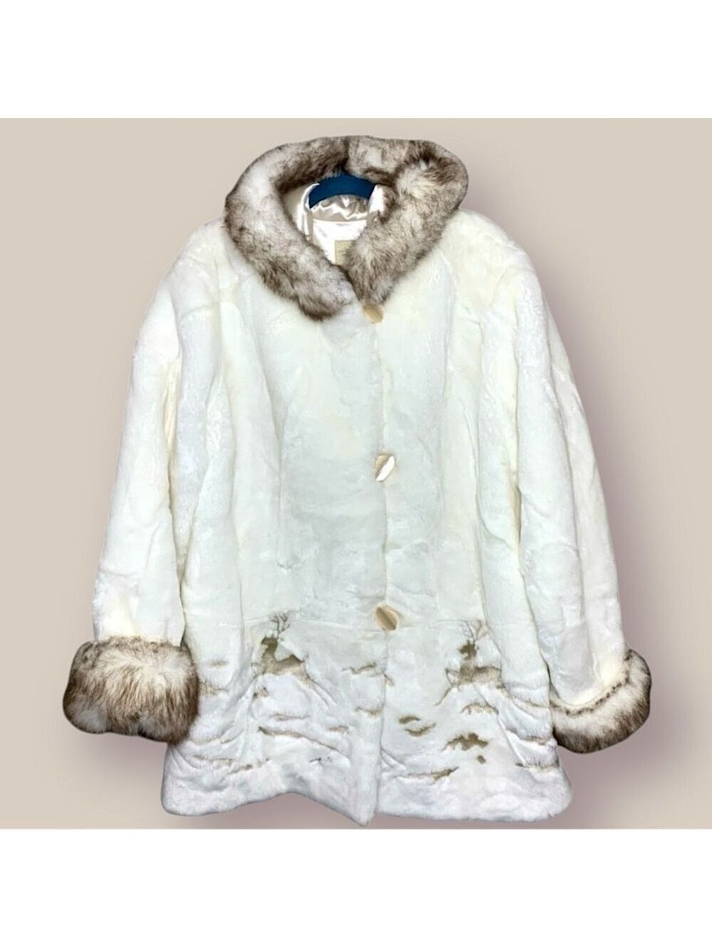 Vintage 90 White Faux Fur Teddy Coat Hooded Mid Length Reindeer Print Native 2XL